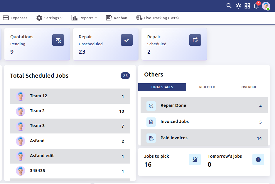 Plan My Crew dashboard showing scheduled jobs, team assignments and repair stages