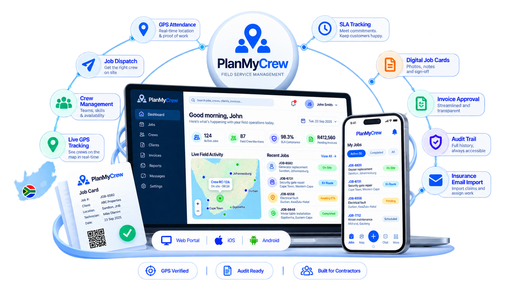 PlanMyCrew dashboard and mobile app showing job dispatch, live field activity, GPS attendance and digital job cards
