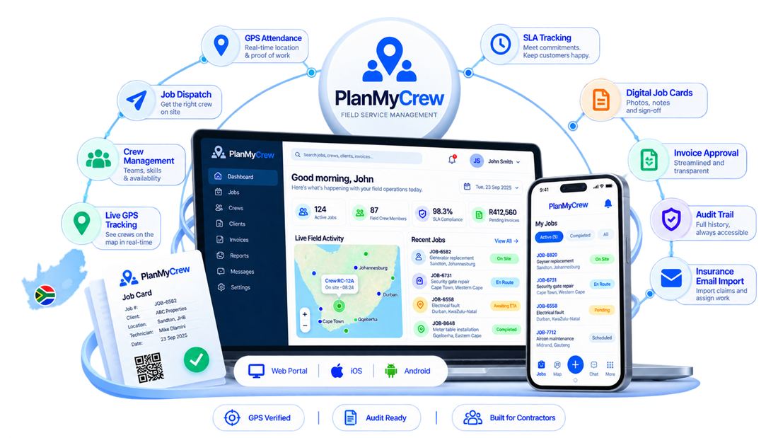 PlanMyCrew dashboard and mobile app showing job dispatch, live field activity, GPS attendance and digital job cards